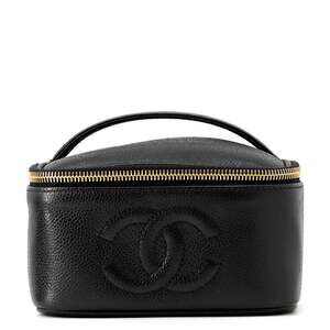 CHANEL Black Caviar Leather Logo Vanity Bag